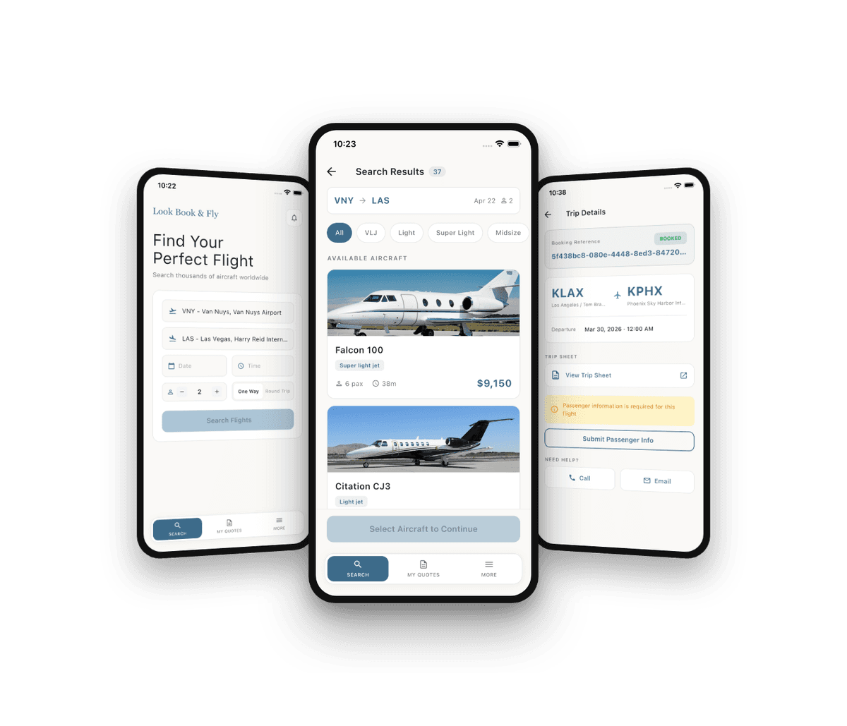 Look Book & Fly app showing search, results, and trip details